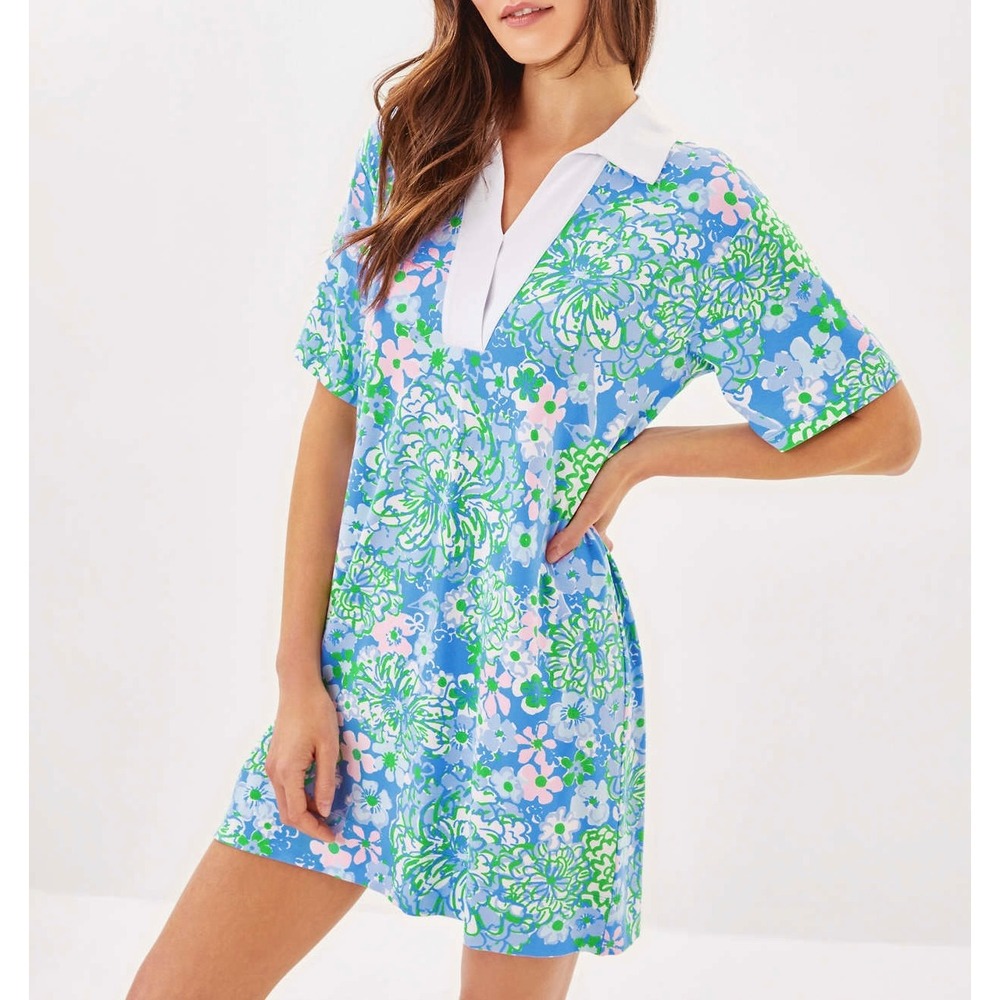 Lilly Pulitzer Polo Dress Alden UPF 50 Solsafe Floral Plumes Blue Green Medium